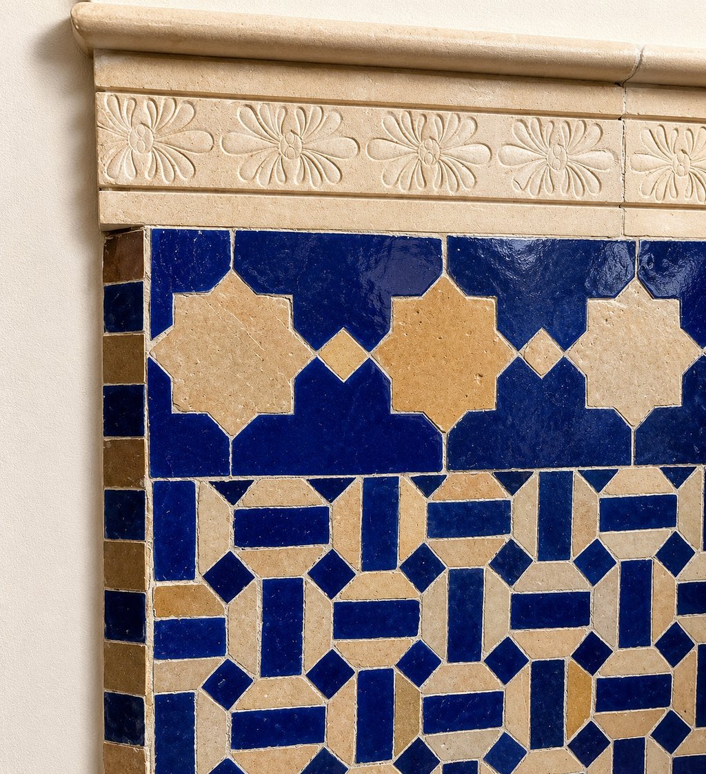 Blue and white handmade Moroccan zellige wall at the Emirates Palace spa, Abu Dhabi