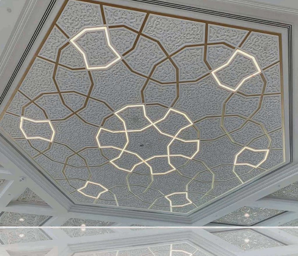 Backlit geometric GRG ceiling in the women's prayer hall, Sheikh Khalifa Bin Zayed Al Nahyan Mosque, Al Ain
